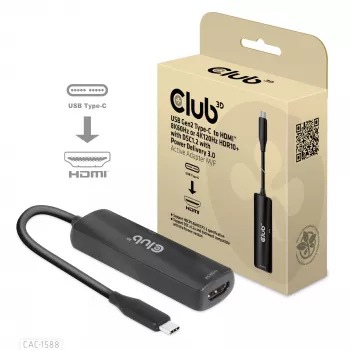 CLUB3D USB Gen2 Type-C uz HDMI™ 8K60Hz vai 4K120Hz HDR10+ ar DSC1.2 un Power Delivery 3.0 aktīvs adapteris M/F