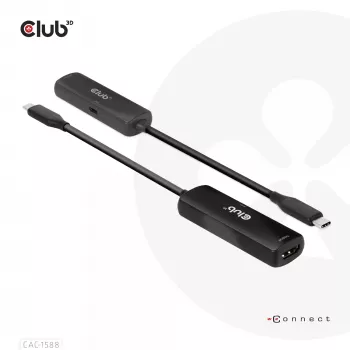 CLUB3D USB Gen2 Type-C uz HDMI™ 8K60Hz vai 4K120Hz HDR10+ ar DSC1.2 un Power Delivery 3.0 aktīvs adapteris M/F