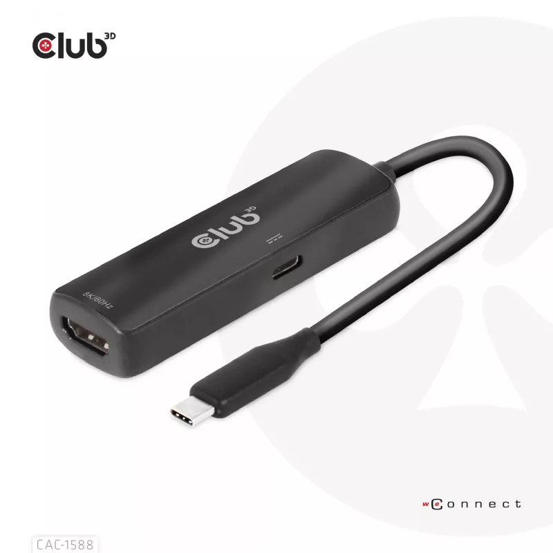 CLUB3D USB Gen2 Type-C uz HDMI™ 8K60Hz vai 4K120Hz HDR10+ ar DSC1.2 un Power Delivery 3.0 aktīvs adapteris M/F