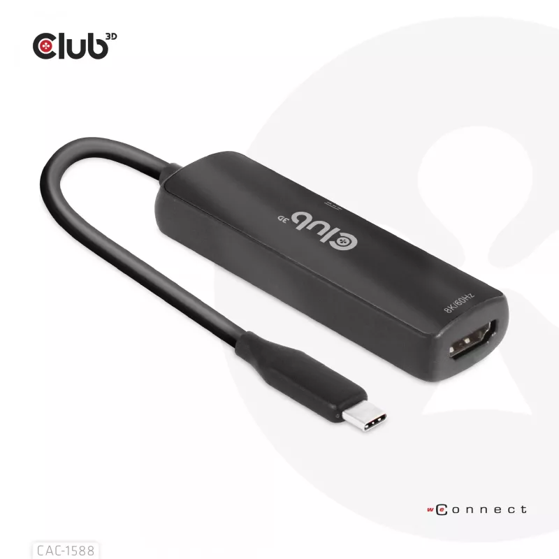 CLUB3D USB Gen2 Type-C uz HDMI™ 8K60Hz vai 4K120Hz HDR10+ ar DSC1.2 un Power Delivery 3.0 aktīvs adapteris M/F