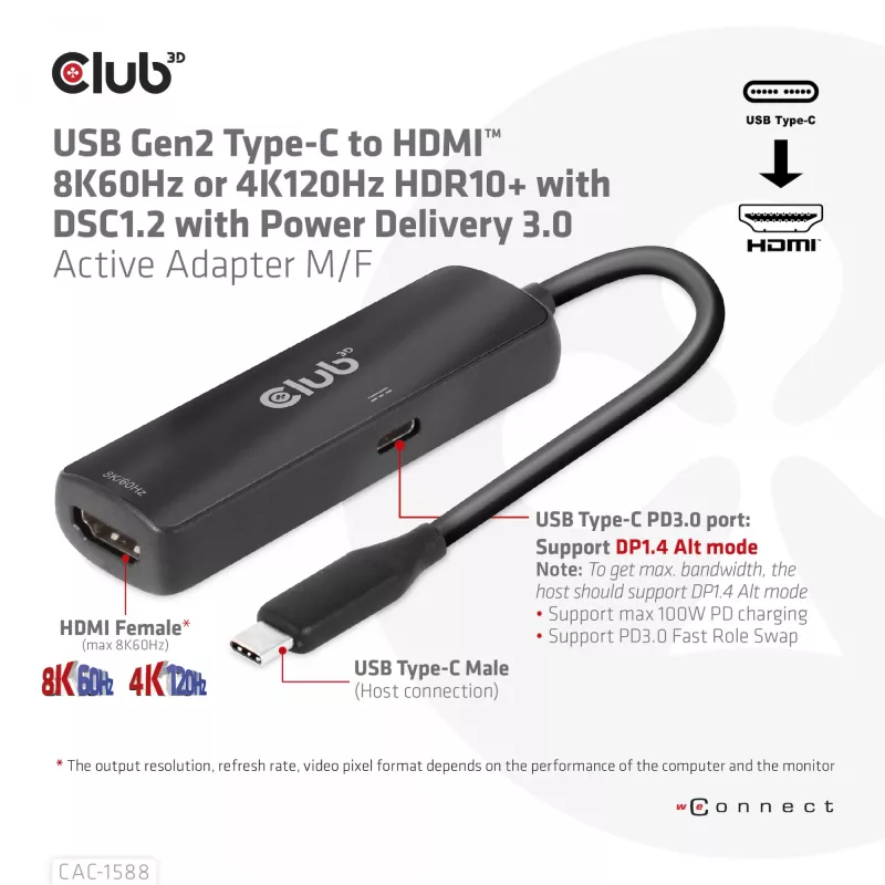 CLUB3D USB Gen2 Type-C uz HDMI™ 8K60Hz vai 4K120Hz HDR10+ ar DSC1.2 un Power Delivery 3.0 aktīvs adapteris M/F