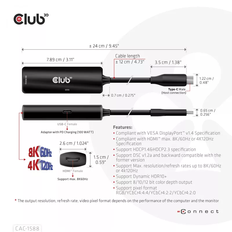 CLUB3D USB Gen2 Type-C uz HDMI™ 8K60Hz vai 4K120Hz HDR10+ ar DSC1.2 un Power Delivery 3.0 aktīvs adapteris M/F