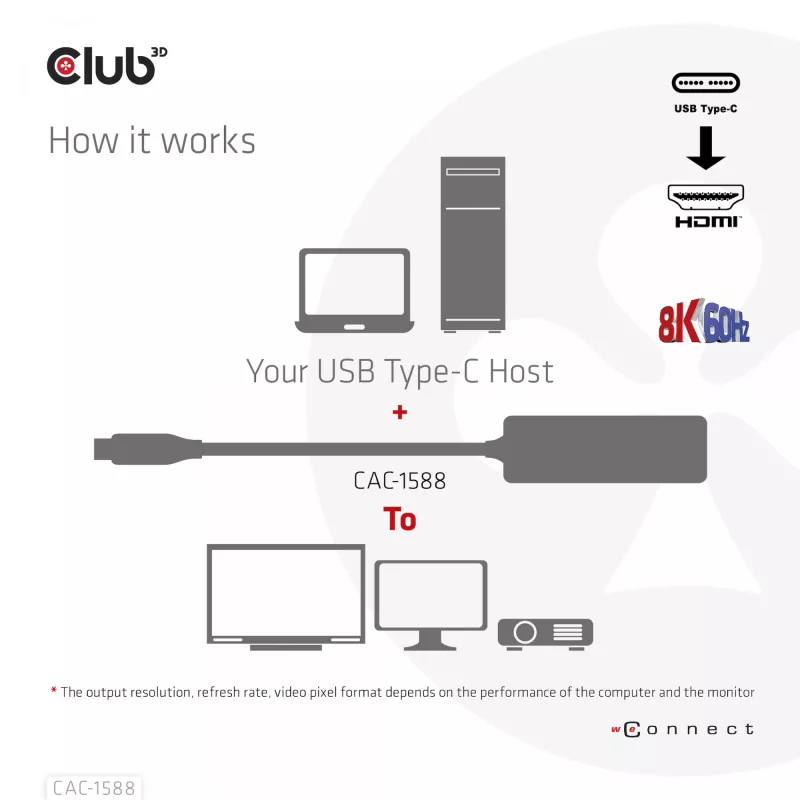 CLUB3D USB Gen2 Type-C uz HDMI™ 8K60Hz vai 4K120Hz HDR10+ ar DSC1.2 un Power Delivery 3.0 aktīvs adapteris M/F