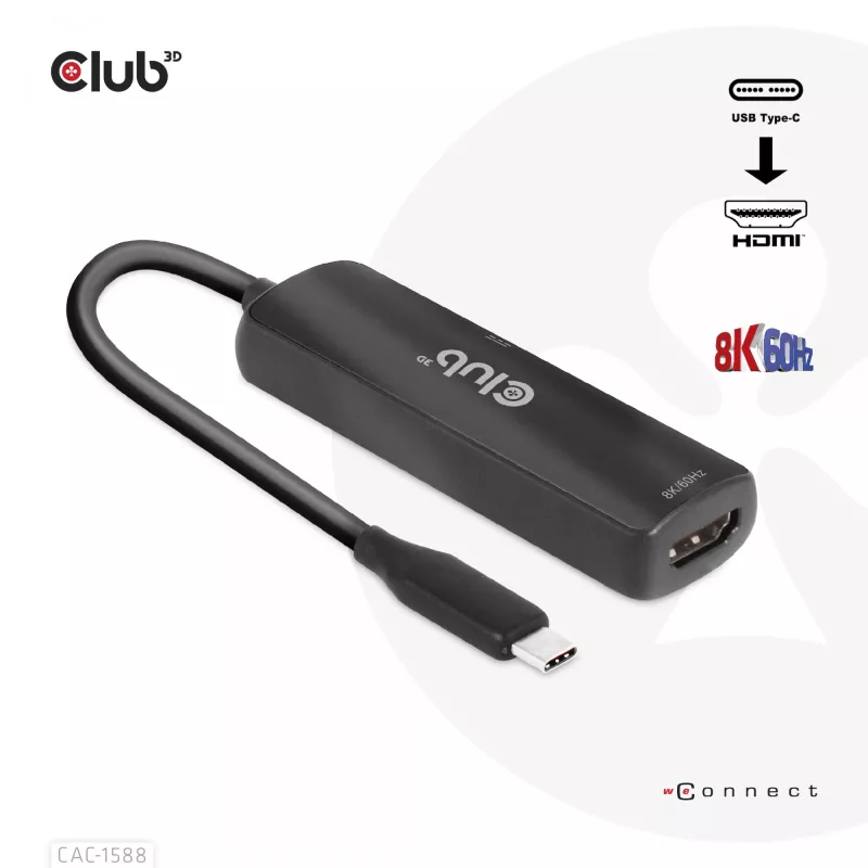 CLUB3D USB Gen2 Type-C uz HDMI™ 8K60Hz vai 4K120Hz HDR10+ ar DSC1.2 un Power Delivery 3.0 aktīvs adapteris M/F