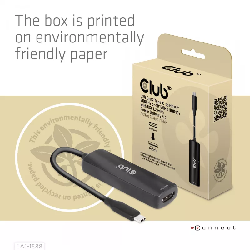 CLUB3D USB Gen2 Type-C uz HDMI™ 8K60Hz vai 4K120Hz HDR10+ ar DSC1.2 un Power Delivery 3.0 aktīvs adapteris M/F