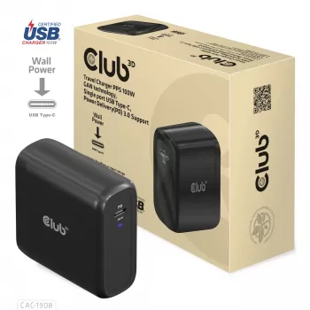 CLUB3D ceļojumu lādētājs 100 W GAN tehnoloģija, USB-IF TID sertificēts, viena pieslēgvieta USB Type-C, atbalsta Power Delivery (PD) 3.0