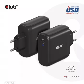 CLUB3D ceļojumu lādētājs 100 W GAN tehnoloģija, USB-IF TID sertificēts, viena pieslēgvieta USB Type-C, atbalsta Power Delivery (PD) 3.0