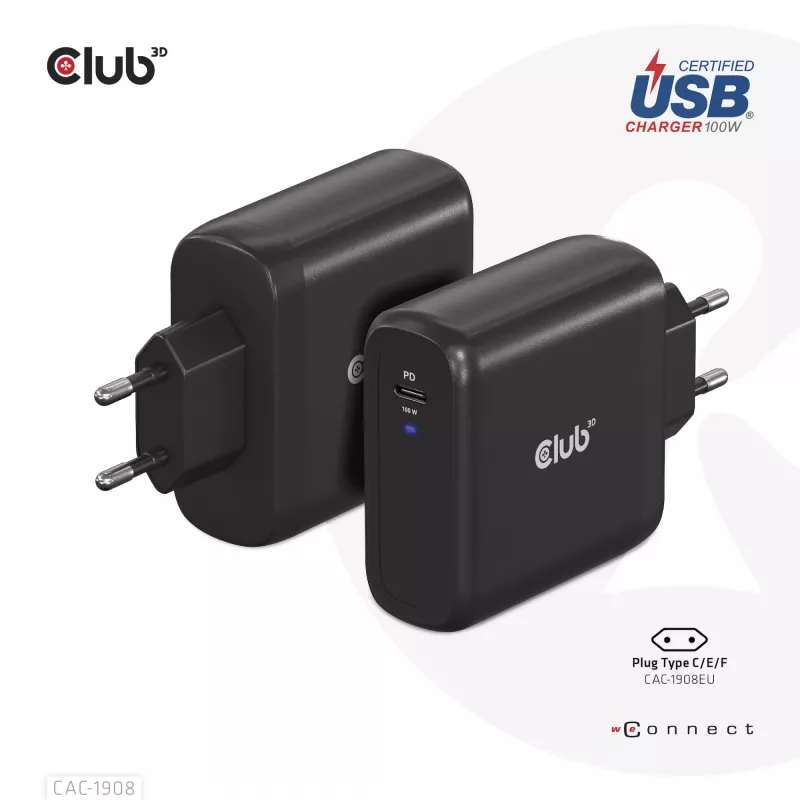 CLUB3D ceļojumu lādētājs 100 W GAN tehnoloģija, USB-IF TID sertificēts, viena pieslēgvieta USB Type-C, atbalsta Power Delivery (PD) 3.0