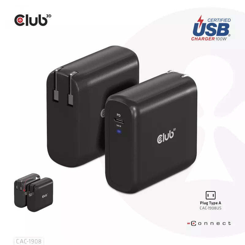 CLUB3D ceļojumu lādētājs 100 W GAN tehnoloģija, USB-IF TID sertificēts, viena pieslēgvieta USB Type-C, atbalsta Power Delivery (PD) 3.0
