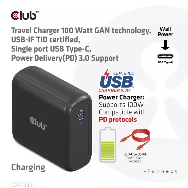 CLUB3D ceļojumu lādētājs 100 W GAN tehnoloģija, USB-IF TID sertificēts, viena pieslēgvieta USB Type-C, atbalsta Power Delivery (PD) 3.0