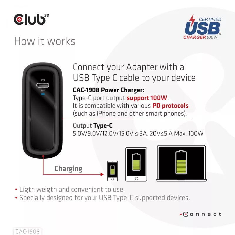 CLUB3D ceļojumu lādētājs 100 W GAN tehnoloģija, USB-IF TID sertificēts, viena pieslēgvieta USB Type-C, atbalsta Power Delivery (PD) 3.0
