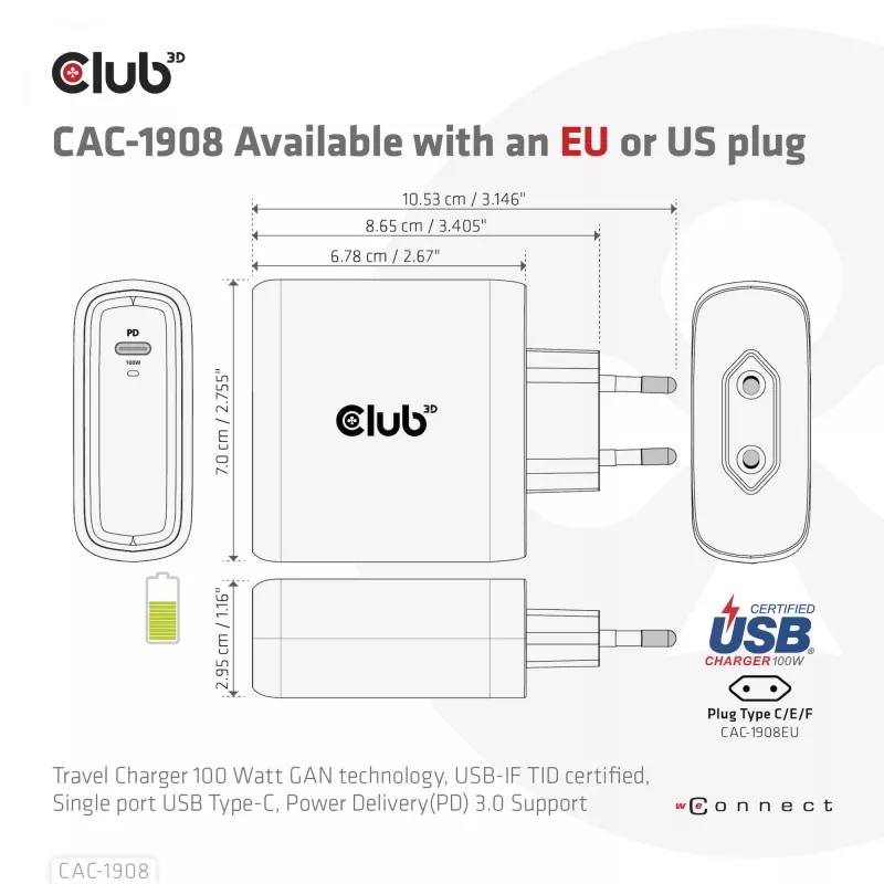 CLUB3D ceļojumu lādētājs 100 W GAN tehnoloģija, USB-IF TID sertificēts, viena pieslēgvieta USB Type-C, atbalsta Power Delivery (PD) 3.0