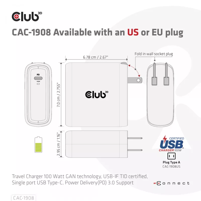 CLUB3D ceļojumu lādētājs 100 W GAN tehnoloģija, USB-IF TID sertificēts, viena pieslēgvieta USB Type-C, atbalsta Power Delivery (PD) 3.0
