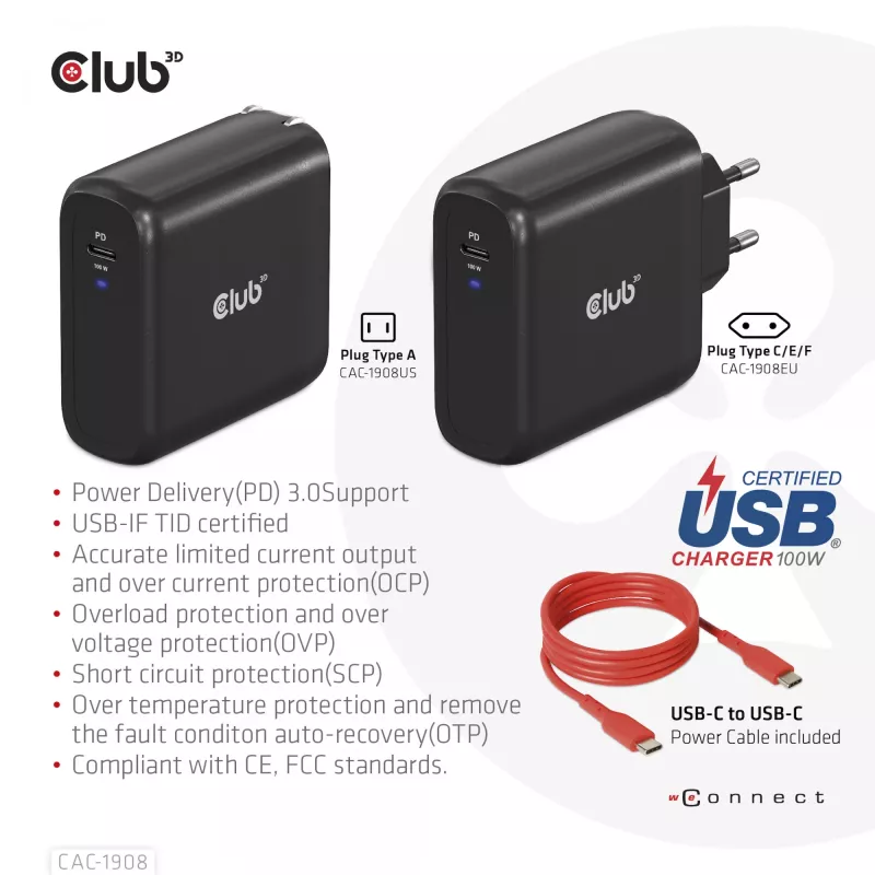CLUB3D ceļojumu lādētājs 100 W GAN tehnoloģija, USB-IF TID sertificēts, viena pieslēgvieta USB Type-C, atbalsta Power Delivery (PD) 3.0
