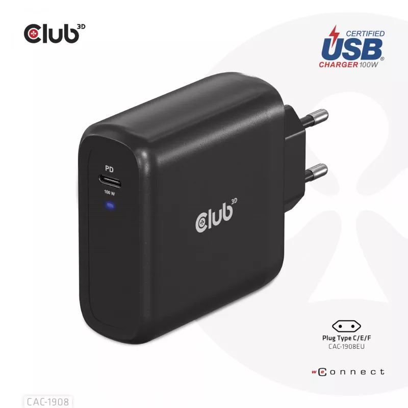 CLUB3D ceļojumu lādētājs 100 W GAN tehnoloģija, USB-IF TID sertificēts, viena pieslēgvieta USB Type-C, atbalsta Power Delivery (PD) 3.0