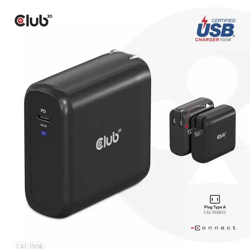 CLUB3D ceļojumu lādētājs 100 W GAN tehnoloģija, USB-IF TID sertificēts, viena pieslēgvieta USB Type-C, atbalsta Power Delivery (PD) 3.0