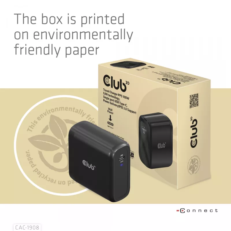 CLUB3D ceļojumu lādētājs 100 W GAN tehnoloģija, USB-IF TID sertificēts, viena pieslēgvieta USB Type-C, atbalsta Power Delivery (PD) 3.0