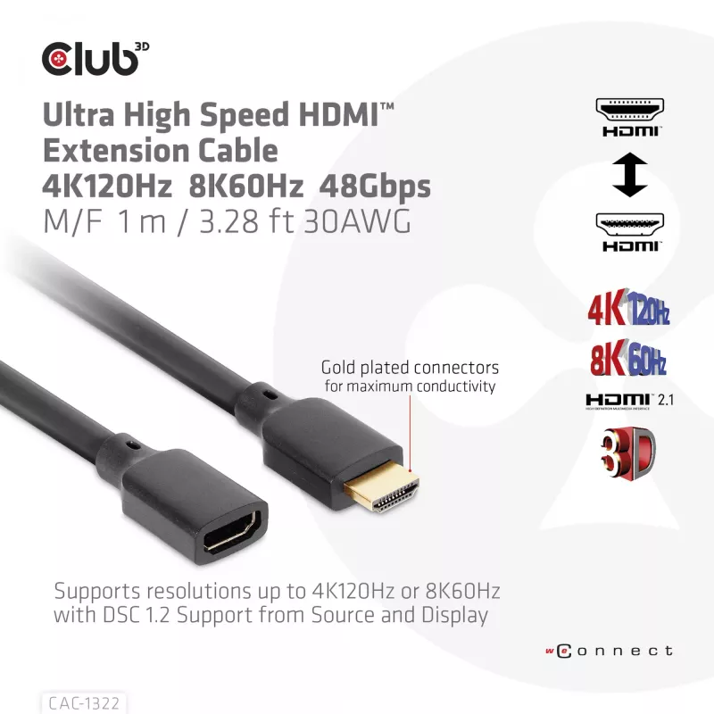 CLUB3D Ultra High Speed HDMI pagarinājuma kabelis 4K120Hz 8K60Hz 48Gbps M/F 1 m / 3.28 ft 30AWG