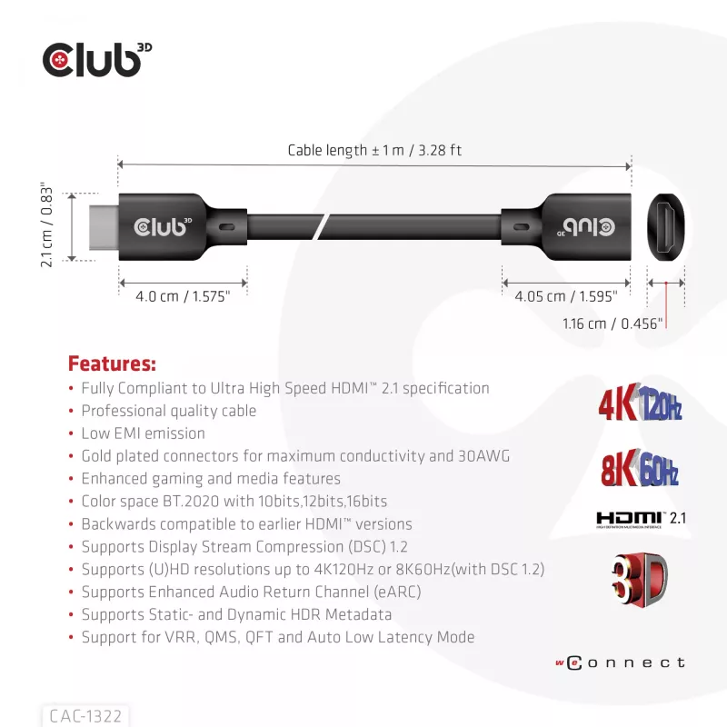 CLUB3D Ultra High Speed HDMI pagarinājuma kabelis 4K120Hz 8K60Hz 48Gbps M/F 1 m / 3.28 ft 30AWG