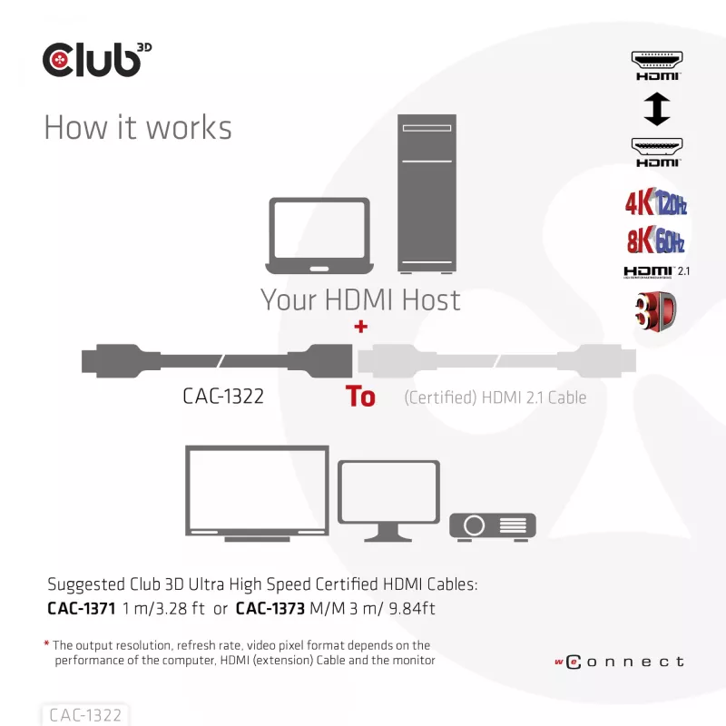 CLUB3D Ultra High Speed HDMI pagarinājuma kabelis 4K120Hz 8K60Hz 48Gbps M/F 1 m / 3.28 ft 30AWG