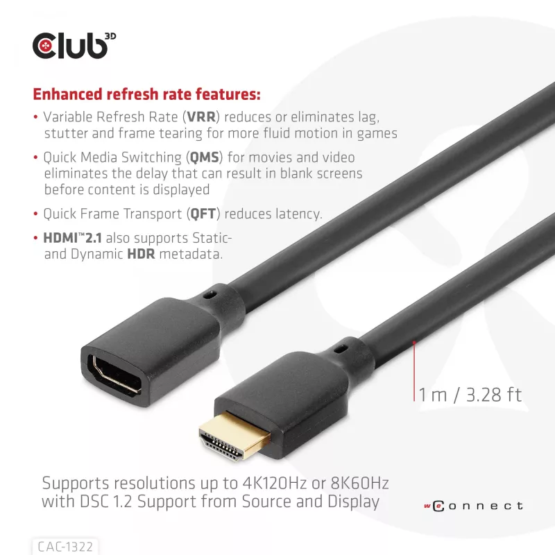 CLUB3D Ultra High Speed HDMI pagarinājuma kabelis 4K120Hz 8K60Hz 48Gbps M/F 1 m / 3.28 ft 30AWG