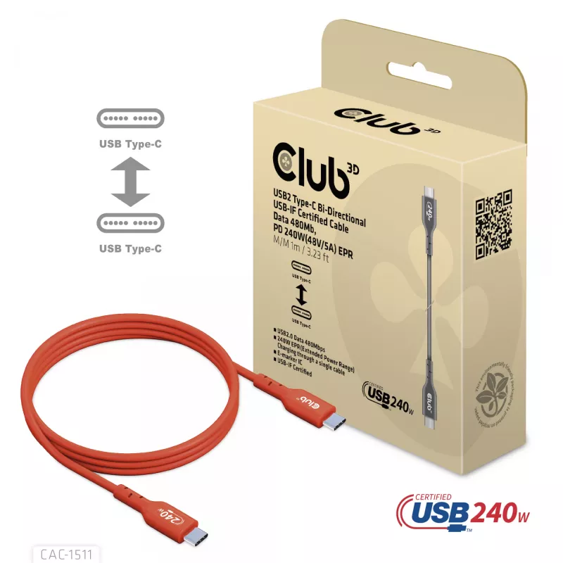 CLUB3D USB2 Type-C divvirzienu USB-IF sertificēts kabelis datiem 480Mb, PD 240W(48V/5A) EPR M/M 1m / 3.23 ft