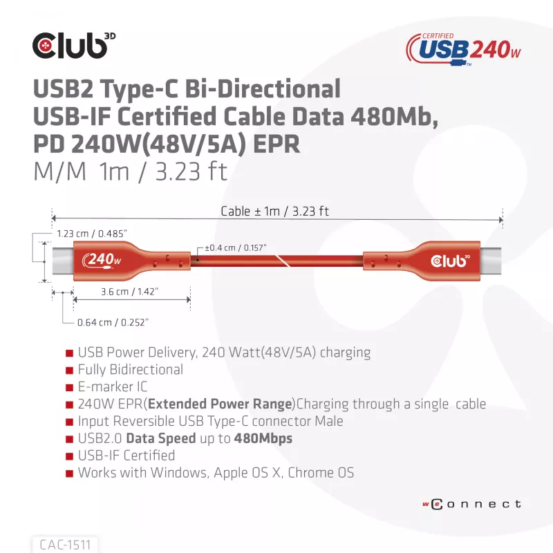CLUB3D USB2 Type-C divvirzienu USB-IF sertificēts kabelis datiem 480Mb, PD 240W(48V/5A) EPR M/M 1m / 3.23 ft