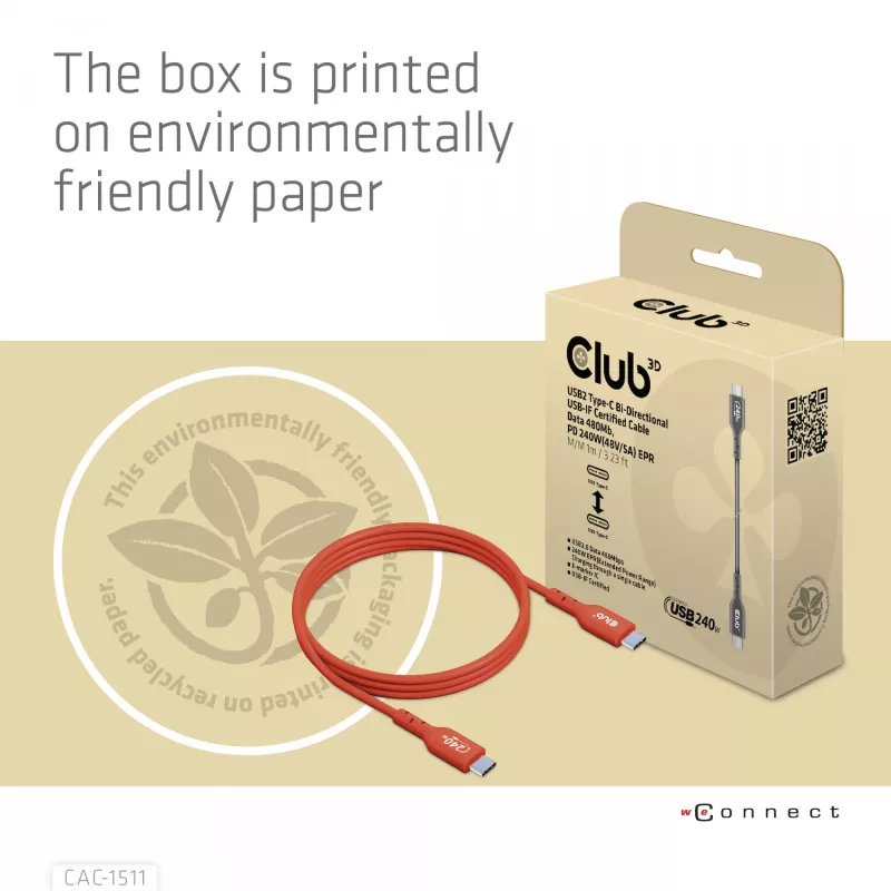 CLUB3D USB2 Type-C divvirzienu USB-IF sertificēts kabelis datiem 480Mb, PD 240W(48V/5A) EPR M/M 1m / 3.23 ft