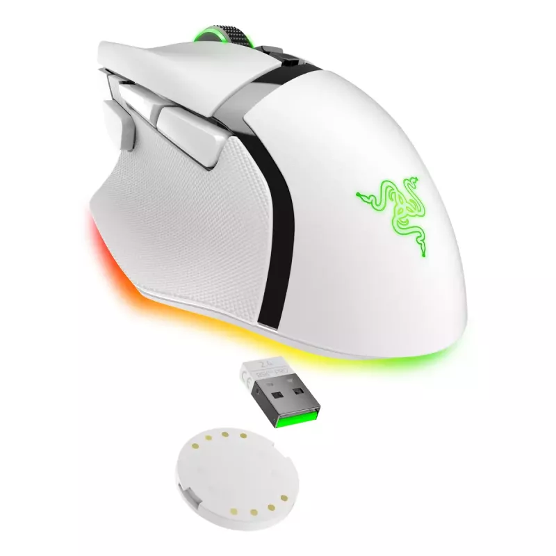Spēļu pele Razer Basilisk V3 Pro — labā roka, optiskā 30 000 DPI, RF bezvadu/Bluetooth/USB-C, balta