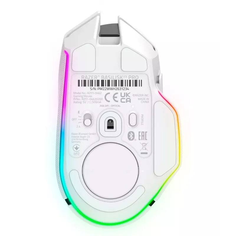 Spēļu pele Razer Basilisk V3 Pro — labā roka, optiskā 30 000 DPI, RF bezvadu/Bluetooth/USB-C, balta