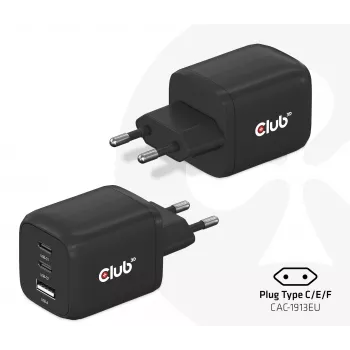 CLUB3D ceļojumu lādētājs PPS 65W GAN tehnoloģija, trīs porti (2x USB Type-C + USB Type-A) Power Delivery (PD) 3.0 atbalsts