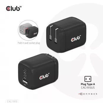 CLUB3D ceļojumu lādētājs PPS 65W GAN tehnoloģija, trīs porti (2x USB Type-C + USB Type-A) Power Delivery (PD) 3.0 atbalsts