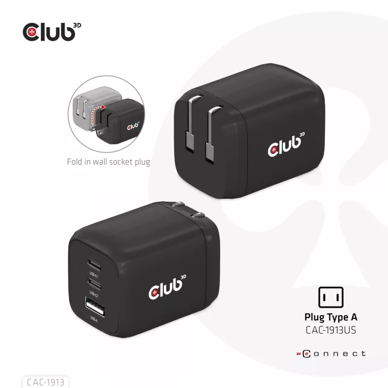 CLUB3D ceļojumu lādētājs PPS 65W GAN tehnoloģija, trīs porti (2x USB Type-C + USB Type-A) Power Delivery (PD) 3.0 atbalsts