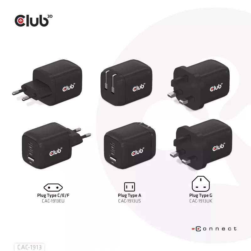 CLUB3D ceļojumu lādētājs PPS 65W GAN tehnoloģija, trīs porti (2x USB Type-C + USB Type-A) Power Delivery (PD) 3.0 atbalsts