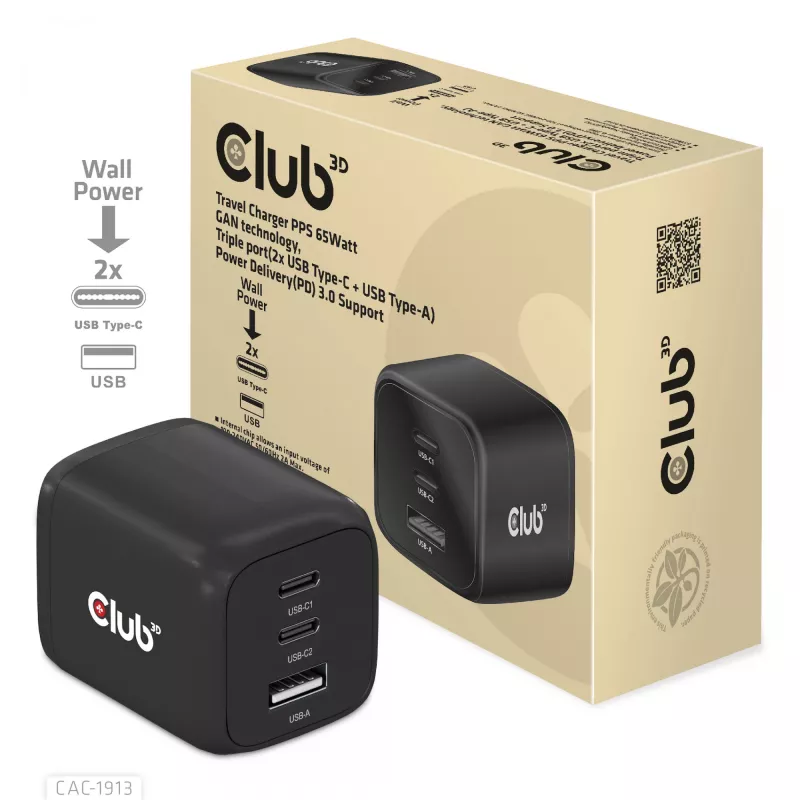 CLUB3D ceļojumu lādētājs PPS 65W GAN tehnoloģija, trīs porti (2x USB Type-C + USB Type-A) Power Delivery (PD) 3.0 atbalsts