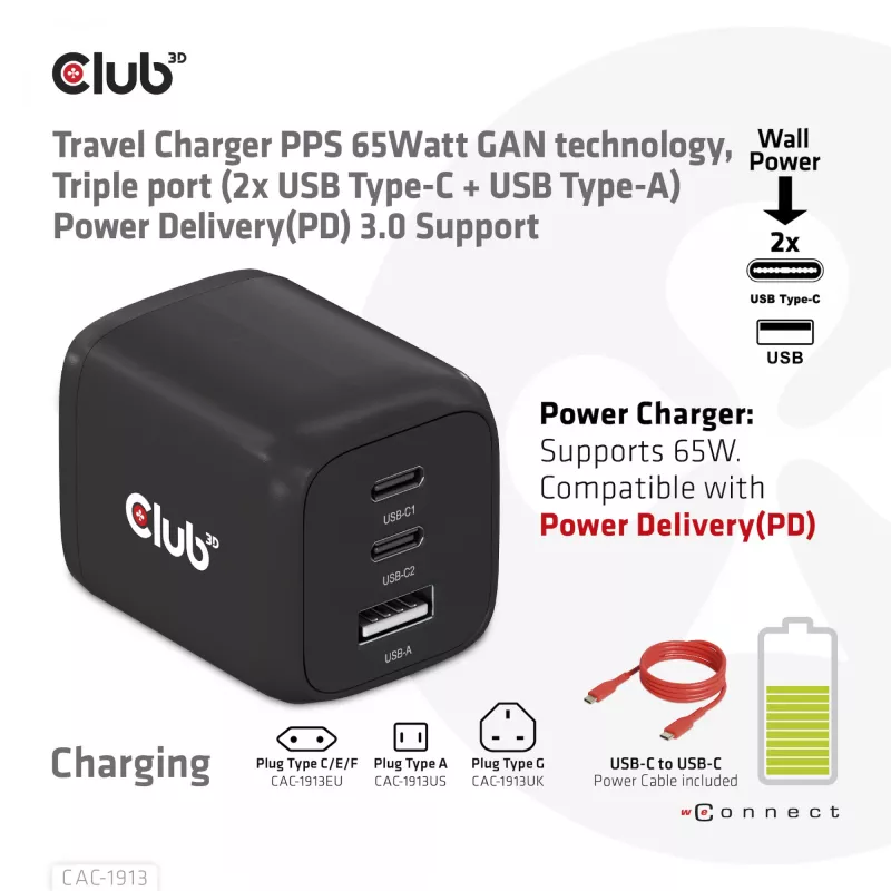 CLUB3D ceļojumu lādētājs PPS 65W GAN tehnoloģija, trīs porti (2x USB Type-C + USB Type-A) Power Delivery (PD) 3.0 atbalsts