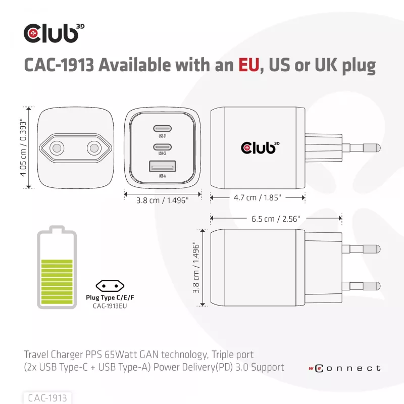 CLUB3D ceļojumu lādētājs PPS 65W GAN tehnoloģija, trīs porti (2x USB Type-C + USB Type-A) Power Delivery (PD) 3.0 atbalsts