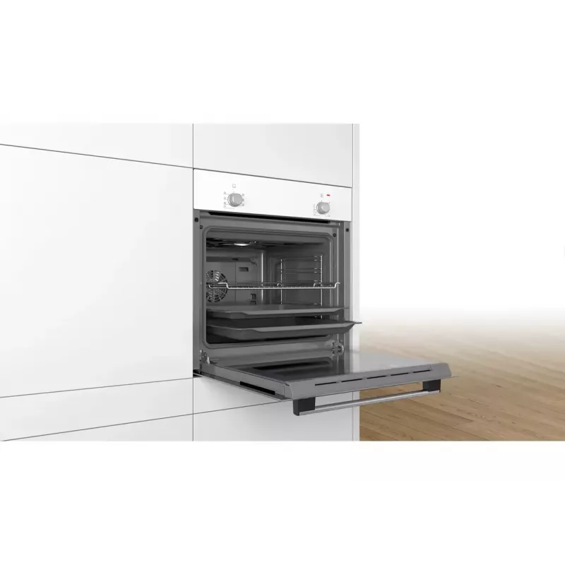 Iebūvējamā elektriskā cepeškrāsns Bosch Serie 2 HBF010BV1S — 66 L, rotācijas vadības ierīces, halogēna lampa, A klase, balta