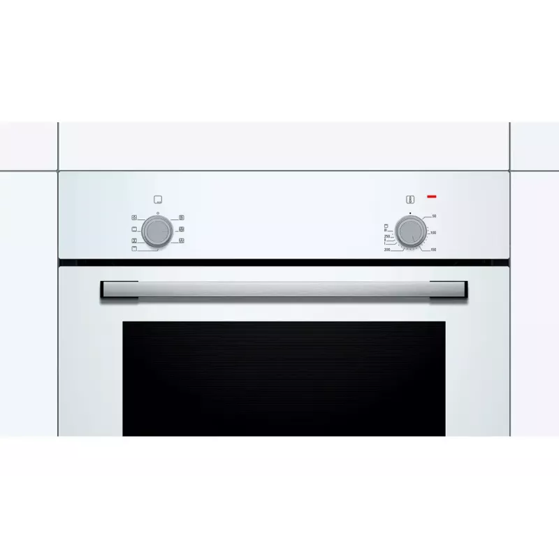 Iebūvējamā elektriskā cepeškrāsns Bosch Serie 2 HBF010BV1S — 66 L, rotācijas vadības ierīces, halogēna lampa, A klase, balta