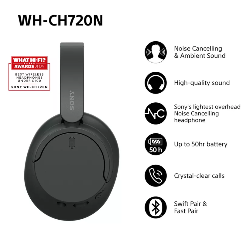 Sony WH-CH720 austiņas, vadu un bezvadu, galvas saite, zvaniem/mūzikai, USB Type-C, Bluetooth, melnas