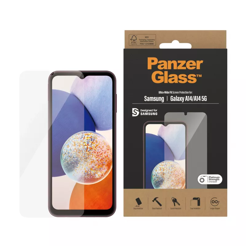 Ekrāna aizsargs PanzerGlass Samsung Galaxy A14 A14 5G Ultra-Wide Fit pret skrāpējumiem triecienizturīgs