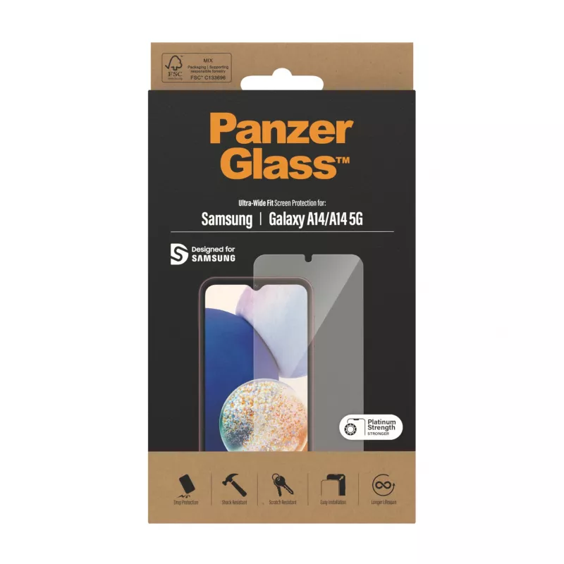 Ekrāna aizsargs PanzerGlass Samsung Galaxy A14 A14 5G Ultra-Wide Fit pret skrāpējumiem triecienizturīgs