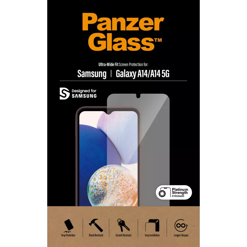 Ekrāna aizsargs PanzerGlass Samsung Galaxy A14 A14 5G Ultra-Wide Fit pret skrāpējumiem triecienizturīgs