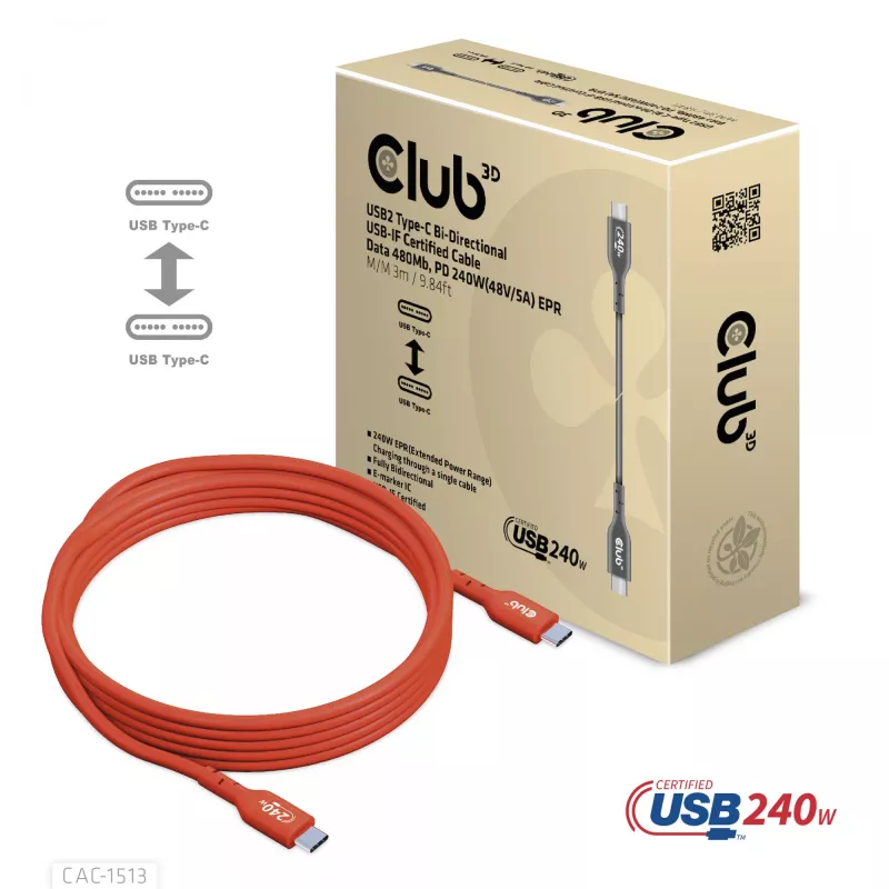 CLUB3D USB2 Type-C divvirzienu USB-IF sertificēts datu kabelis 480Mb, PD 240W(48V/5A) EPR M/M 3m / 9.84 ft