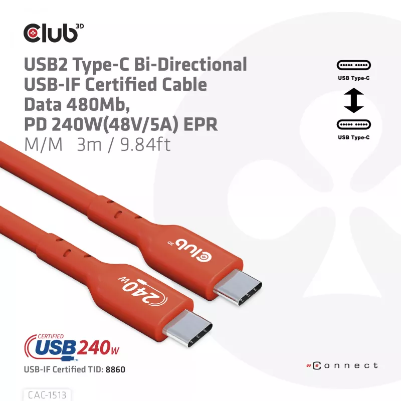 CLUB3D USB2 Type-C divvirzienu USB-IF sertificēts datu kabelis 480Mb, PD 240W(48V/5A) EPR M/M 3m / 9.84 ft