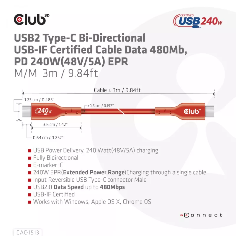 CLUB3D USB2 Type-C divvirzienu USB-IF sertificēts datu kabelis 480Mb, PD 240W(48V/5A) EPR M/M 3m / 9.84 ft