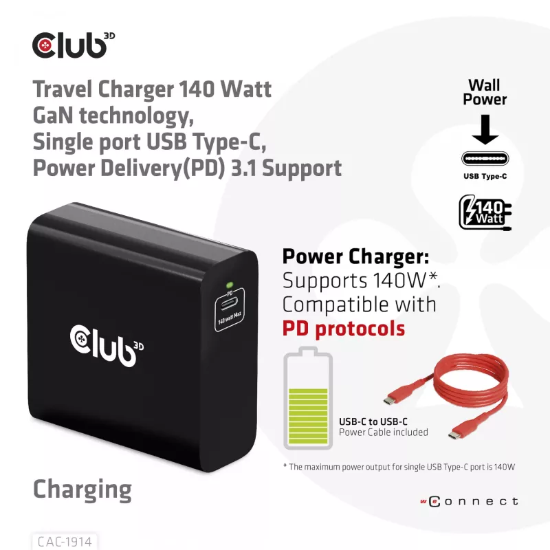 CLUB3D Ceļojumu lādētājs 140 W GaN tehnoloģija, viens USB Type-C ports, Power Delivery (PD) 3.1 atbalsts