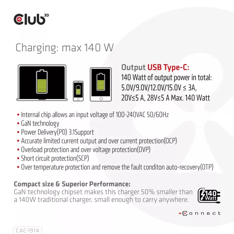 CLUB3D Ceļojumu lādētājs 140 W GaN tehnoloģija, viens USB Type-C ports, Power Delivery (PD) 3.1 atbalsts