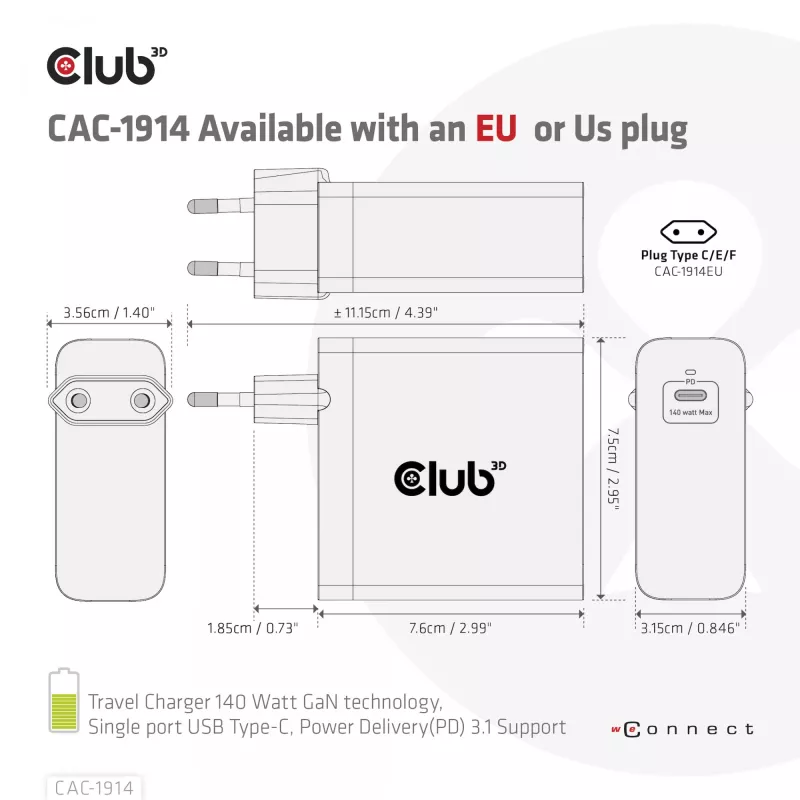 CLUB3D Ceļojumu lādētājs 140 W GaN tehnoloģija, viens USB Type-C ports, Power Delivery (PD) 3.1 atbalsts