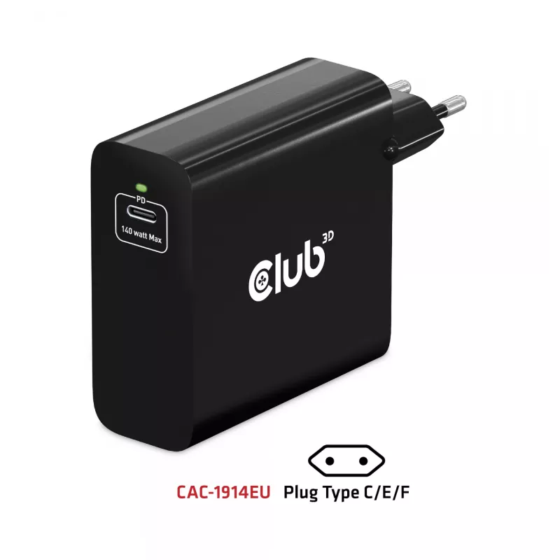 CLUB3D Ceļojumu lādētājs 140 W GaN tehnoloģija, viens USB Type-C ports, Power Delivery (PD) 3.1 atbalsts